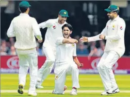  ?? REUTERS ?? Pakistan's Hasan Ali celebrates after dismissing England's Joe Root at Lord’s on Thursday.