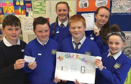 ??  ?? Fifth class pupils from St Coen’s NS, Rathnew, with their ‘Child Tracker’ wristband project, created as part of their Bizworld workshop.