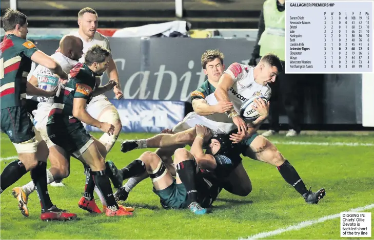  ??  ?? DIGGING IN: Chiefs’ Ollie Devoto is tackled short of the try line