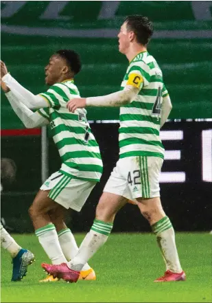  ??  ?? David Turnbull is mobbed by his team-mates after breaking the deadlock against Hibs on Monday, a goal that didn’t surprise Gordon Young