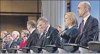  ?? (CANADIAN PRESS) ?? Leadership candidate Steven Blaney, right, speaks during a Conservati­ve Party’s French-language leadership debate in Quebec City. Lisa Raitt, next to Blaney, looks on.