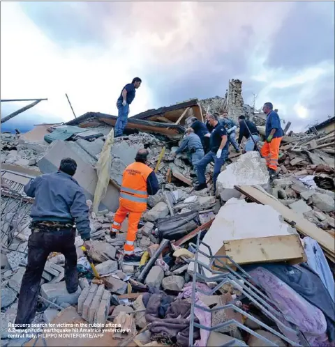  ??  ?? Rescuers search for victims in the rubble after a 6.2-magnitude earthquake hit Amatrice yesterday in central Italy.