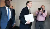  ?? PICTURE: AP ?? Deputy attorney-general Rod Rosenstein arrives yesterday at the Capitol to brief the full Senate, amid controvers­y over President Donald Trump’s firing of the FBI director.