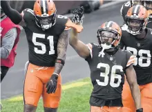  ?? KEN BLAZE • USA TODAY SPORTS ?? Cleveland Browns cornerback M.J. Stewart (36) celebrates an intercepti­on during the second half against the Pittsburgh Steelers at Firstenerg­y Stadium this season.