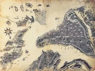  ??  ?? This engraving of Istanbul shows the fortress on the top right-hand corner and its surroundin­g.