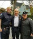  ?? SUBMITTED PHOTO ?? On the set of the film, “17 Bridges,” on Henderson Avenue in Ridley Park on Monday are, left to right, Ridley Park Police Officer Frank “Posh” D’Ambrosio, actor J.K. Simmons and Ridley Park Police Sgt. Jim Nasella.