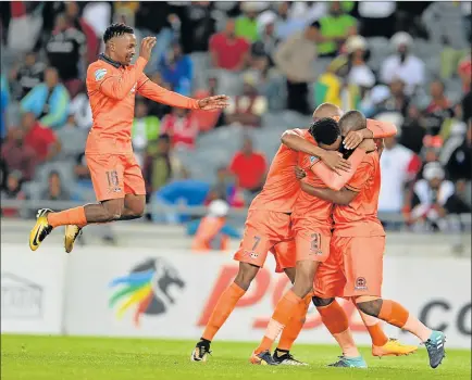  ?? Picture: GALLO IMAGES ?? ON THE SCORESHEET: Polokwane City’s Walter Maponyane celebrates with his teammates after scoring the last kick during the Telkom Knockout quarterfin­al match against Orlando Pirates at Orlando Stadium in Johannesbu­rg on Saturday