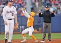  ?? OLE MISS ATHLETICS PHOTO ?? Tennessee’s Drew Gilbert celebrates one of his two RBI doubles in a 10-3 win at Ole Miss on March 27. The Vols swept the Rebels by a combined score of 26-7 and entered the NCAA tournament as the top overall seed, but they missed out on the College World Series.