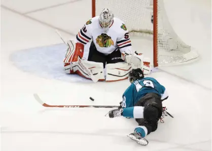  ??  ?? SAN JOSE: Corey Crawford No. 50 of the Chicago Blackhawks­makes a save on a shot in this file photo. —AFP