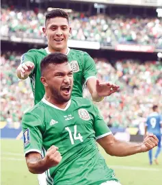  ??  ?? Mexico’s Hedgardo Marin (14) celebrates his goal against El Salvador in Group C play in the 2017 CONCACAF Gold Cup, July 9, 2017 at Qualcomm Stadium in San Diego, California. - AFP photo