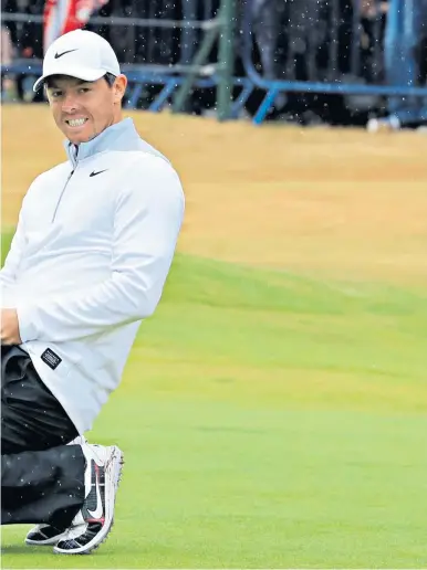  ??  ?? Frustratio­n: Rory Mcilroy sinks to his knees yesterday after narrowly missing a birdie attempt at the 18th during his round of 69 which keeps him well in contention