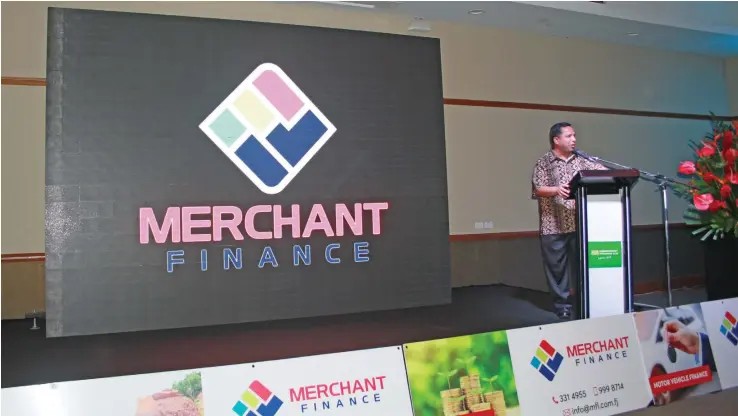  ?? Photo: Kelera Sovasiga ?? Fijian Holdings Limited Group chief executive officer Nouzab Fareed at the launch of the Merchant Finance logo at Suva’s Grand Pacific Hotel on August 27, 2019.