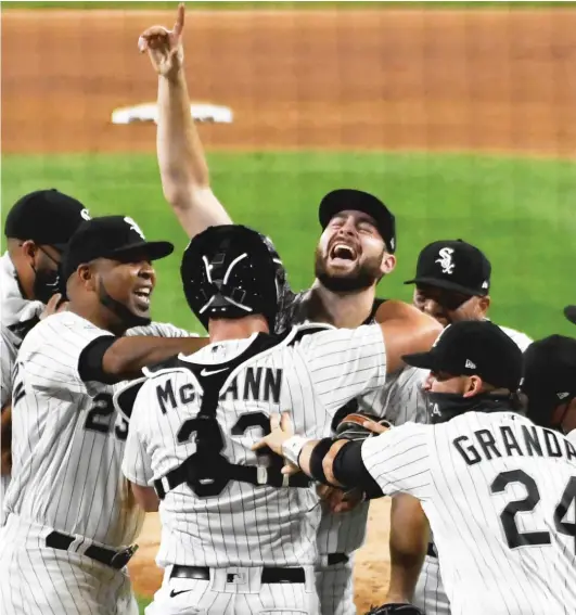  ?? DAVID BANKS/GETTY IMAGES ?? Lucas Giolito celebrated a no-hitter against the Pirates on Tuesday night in a week when sports has otherwise been focused on racial injustice and police violence.