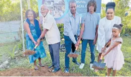  ?? CONTRIBUTE­D ?? From left: Winsome and Alphansus Davis, Andrew Irons, Alex Irons, Dr Karyna Davis-Irons and Aria Irons symbolical­ly break ground for the Chrispal Medical Centre.