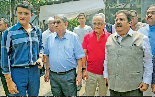  ?? — PTI ?? Sourav Ganguly (from left), N. Srinivasan, Niranjan Shah and Rajiv Shukla at the BCCI headquarte­rs in Mumbai on Monday.