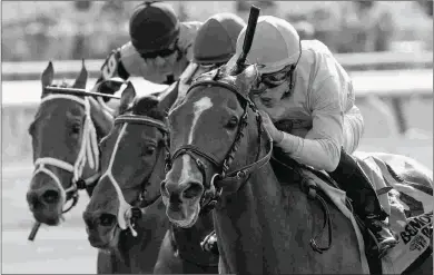  ?? DEBRA A. ROMA ?? Fourstar Crook (right) owns 6 wins from 7 starts over the Belmont Park turf, including a head victory over Grade 1-winning stablemate Sisterchar­lie (center) in the New York Stakes.