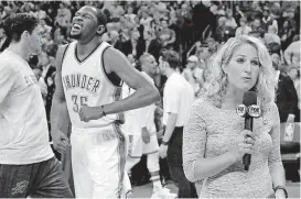  ?? [PHOTO BY CHRIS LANDSBERGE­R, THE OKLAHOMAN] ?? Lesley McCaslin is in her fifth season as a sideline reporter on Thunder broadcasts.