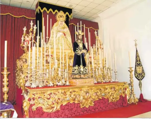  ?? LUISMI GALVÁN ?? Imagen del montaje del altar de culto diseñado por la priostía de la cofradía de la Hispanidad, con Jesús Cautivo y la Virgen de la Misericord­ia.