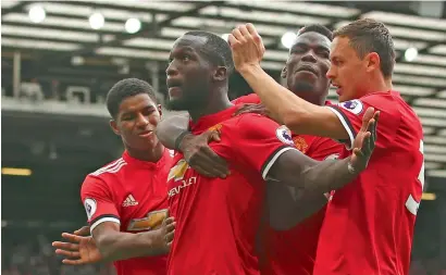  ?? AP ?? Manchester United’s Romelu Lukaku celebrates his goal with Marcus Rashford (left), Paul Pogba (centre right) and Nemanja Matic during a Premier League match. —