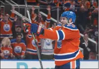  ?? THE CANADIAN PRESS/JASON FRANSON ?? Edmonton Oilers' Leon Draisaitl celebrates a goal against the Anaheim Ducks in Edmonton on May 7. The Oilers have signed Draisaitl to an eight-year contract extension.