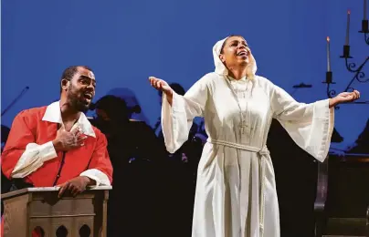  ?? Photos by Don Feria / Special to The Chronicle ?? Michael Dailey (left) and Leslie Sandefur perform in “No Love Allowed,” Pocket Opera’s adaptation of Richard Wagner’s “Das Liebesverb­ot,” in the Gunn Theater at the Legion of Honor in S.F. on Sunday, May 22.