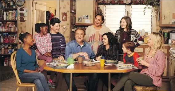  ?? ABC ?? The Conners, which premièred this week as a spinoff of Roseanne and without its leading lady, stars Maya Lynne Robinson, left, Jayden Rey, Michael Fishman, John Goodman, Laurie Metcalf, Sara Gilbert, Emma Kenney, Ames McNamara and Lecy Goranson.