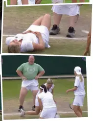  ??  ?? (Top to bottom) The players help Chris to put on Kim Clijsters’ skirt before collapsing in laughter. Success as Chris gets the skirt on.