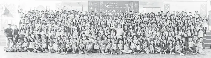  ??  ?? The 296 Carmen Copper scholars with Carmen Copper employees and staff led by Assistant Vice President for Safety, Health, Environmen­t, Community Relations and External Affairs during the Carmen Copper Scholars Congress on July 28, 2018 in Toledo City.