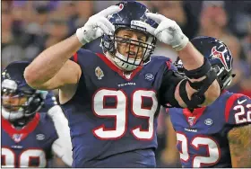  ?? Associated Press ?? Watt signs with Cardinals: Houston Texans defensive end J.J. Watt (99) celebrates during the second half of an NFL wild-card playoff football game against the Buffalo Bills in Houston, in this Saturday, Jan. 4, 2020, file photo.