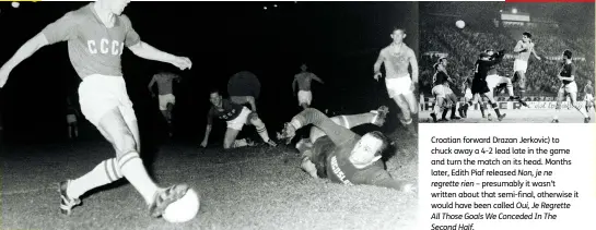  ??  ?? Above Metreveli draws the Soviets level after half- time in the final Above right
Yugoslav striker Jerkovic heads just wide of the great Yashin’s far post