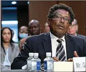  ?? JACQUELYN MARTIN / AP ?? Garnell Whitfield, Jr., of Buffalo, N.Y., whose mother, Ruth Whitfield, was killed in the Buffalo Tops supermarke­t mass shooting, testifies at a Senate Judiciary Committee hearing on domestic terrorism on Tuesday, on Capitol Hill in Washington.