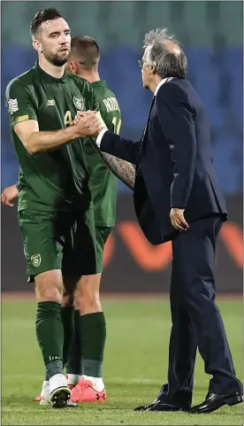  ??  ?? Shane Duffy shakes hands with the Bulgaria manager after his equaliser sealed a precious point for Republic of Ireland