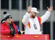  ?? COLIN E. BRALEY — THE ASSOCIATED PRESS ?? Travis Kelce and his mother Donna Kelce celebrate during the Chiefs’ victory parade Feb. 15in Kansas City, Mo.