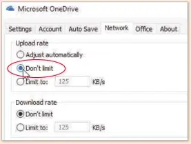  ??  ?? If you get this warning (bottom), you can adjust Onedrive’s settings to ensure it uploads files at the maximum speed (left)