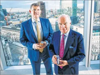  ??  ?? POSSIBLE LINK-UP: Barr chief executive Roger White and Britvic chairman Gerald Corbett. Picture: VisualMedi­a