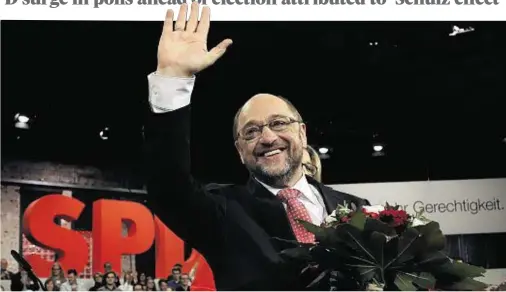  ??  ?? CONTENDER: Martin Schulz, seen in jubilant mood yesterday, became the unexpected choice when the party chairman stood aside