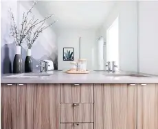  ??  ?? Bathrooms in Court have quartz countertop­s with undermount sinks.