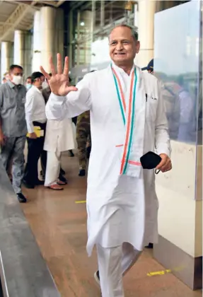  ??  ?? CHIEF MINISTER Ashok Gehlot at Sanganer airport in Jaipur on July 31, from where Congress MLAS left for Jaisalmer.