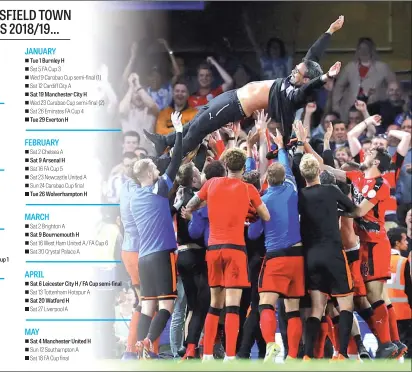  ??  ?? Huddersfie­ld head coach David Wagner is thrown into the air as Town celebrate Premier League survival at Chelsea.