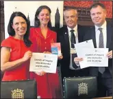  ??  ?? Charnwood MP Edward Argar is pictured with Debbie Abrahams MP, co-chair of the APPG on dementia, Sally Copley, director of policy, campaigns and partnershi­ps at the Alzheimer’s Society and Mr John O’Doherty.