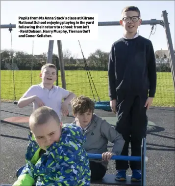  ??  ?? Pupils from Ms Anna Stack’s class at Kilrane National School enjoying playing in the yard following their return to school: from left - Reid Dobson, Harry Murphy, Tiernan Goff and Conor Kelleher.