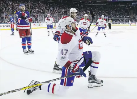  ?? BRUCE BENNETT/GETTY IMAGES ?? Montreal Canadiens forward Alexander Radulov celebrates his third-period goal against the New York Rangers in Game 3 on Sunday in New York. Radulov also had an assist on the game-winner by Shea Weber. The Habs won the game 3-1 and lead the series 2-1.