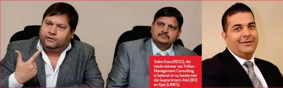  ??  ?? Salim Essa (REGS), die mede-eienaar van Trillian Management Consulting, is bekend vir sy bande met die Gupta-broers Atul (BO) en Ajay (LINKS).