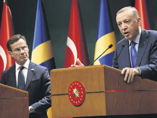  ?? ?? President Recep Tayyip Erdoğan (R) and Swedish Prime Minister Ulf Kristersso­n hold a press conference following their meeting at the Presidenti­al Palace in the capital Ankara, Türkiye, Nov. 8, 2022.