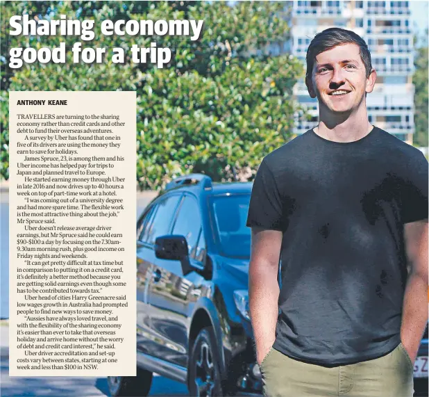  ??  ?? REVVED: James Spruce drives for Uber up to 40 hours a week to save money for holidays and travel. Picture: AAP/LISA WILLIAMS