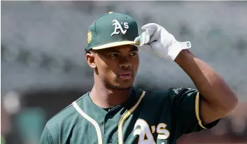  ??  ?? In this 2018 file photo, Oakland Athletics draft pick Kyler Murray looks on before a baseball game between the Athletics and the Los Angeles Angels, in Oakland, Calif. AP PhoTo/JeFF ChIu