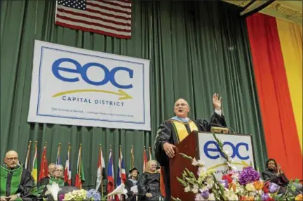  ?? PHOTO PROVIDED BY VINCENT GIORDANO ?? Hudson Valley Community College President Drew Matonak speaks during the 52nd commenceme­nt of the Capital District Educationa­l Opportunit­y Center program Thursday night.