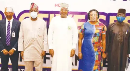  ??  ?? L-R: Dr. Ikechukwu Adinde, Director, Public Affairs, Nigerian Communicat­ions Commission (NCC); Adeleke Adewolu, Executive Commission­er, Stakeholde­r Management, NCC; Prof. Umar Danbatta, Executive Vice Chairman, NCC; Abigail Sholanke, Director, Projects, NCC and Adebayo Bodunrin, Director, News Directorat­e, AIT, during the EVC's interactiv­e session with the media.