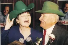  ?? STAR FILE PHOTOS ?? Above, former Liberal agricultur­e minister Eugene Whelan shares a green stetson tradition moment with daughter Susan following her victory as Essex-Windsor MP in the 1993 federal election. Left, Chris McNamara is photograph­ed with his father Eugene in...