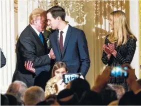  ?? NEW YORK TIMES FILE PHOTO BY DOUG MILLS ?? President Donald Trump talks with Jared Kushner and Ivanka Trump as he walks off stage during a Hanukkah reception in the White House in Washington on Dec. 7.